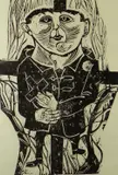 Monochrome linocut on yellow paper - religious by Arthur Charlton limited edition, 1980, linocut, sold Dec 2020