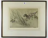 Drypoint etching with colour - gundog confronting grouse by Henry Wilkinson limited edition, etching, offered Nov 2020