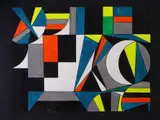 acrylic colourful geometric abstract study, signed, 30 x by Shan Eccles, acrylic, sold Oct 2020