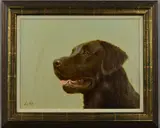 'Chocolate Labrador', an oil on canvas painting of the head of a dog, by John Silver, 2003, oil on canvas, sold Jul 2018