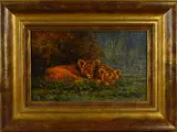 'Snug As A Bug', an oil on canvas painting of a pair of Lion by Tony Forrest, oil on canvas, sold Jul 2018