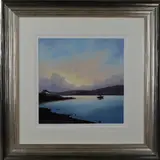 'Sunset Mooring', an oil on board painting of a boat moored in an by David Renshaw, oil on board, sold Jul 2018