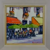'French Scene 7', an oil on board painting of a french cafe exterior by Ken Devine, oil on board, sold Jul 2018