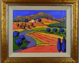 untitled, an oil on canvas painting of a continental countryside scene painted in an abstract form by Richard Pargeter, oil on canvas, sold Jul 2018