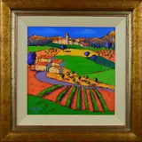 untitled, an oil on canvas painting of a continental countryside scene with a distant village by Richard Pargeter, oil on canvas, sold Jul 2018