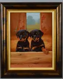 'Rottweiler Pups', an oil on board painting of a pair of by John Silver, 2001, oil on board, sold Jul 2018