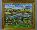 an oil on board painting of a pasture covered valley with a river flowing through it by Chris Insoll, 1995, oil on board, sold Jul 2018