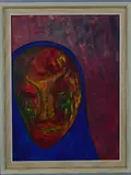 untitled, an oil on board painting of an abstract portrait of a woman wearing a blue shawl by Alan Bond, 1972, oil on board, sold Jul 2018