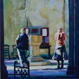'Two Worshipers Before A Triptych', an oil on board of by Ben Davies-jenkins, oil on board, sold Jul 2018