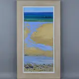 'Blues and Ochres', an oil on board of a Cornish beach at low tide, by Derek Jenkins, oil on board, sold Jul 2018