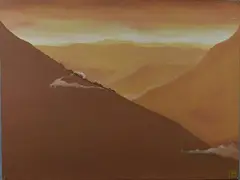 an oil on canvas painting of shacks of the side of an African Valley, painted in a range of ochre tones by Tony Hudson, oil on canvas, sold Jul 2018