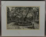 an etching of buildings surrounding a tree in a square, signed by Francis Dodd, etching, sold Jul 2018