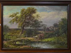 oil on canvas of cows being driven towards a river by a female cow hand with cottages in the back ground by T. Thomas, oil on canvas, sold Jun 2018