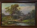 oil on canvas of cows being driven towards a river by a female cow hand with cottages in the back ground by T. Thomas, oil on canvas, sold Jun 2018