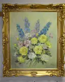 Still Life Summer Bouquet, titled verso 'Yellow Roses, Cosmos and Delphiniums by Phyllis Morgans R.g.i, oil on canvas, sold Jun 2018