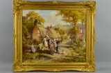 Village scene of children with a horse and cart by thatched cottages, church on a hill to the distance by John R. Townsend, oil on canvas, sold Jun 2018