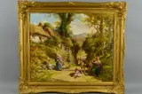 Summers day in the village, women, girls, poultry and donkeys on a path by thatched cottages by John R. Townsend, oil on canvas, sold Jun 2018