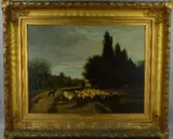 Village scene with figures, shepherd and sheep, oil on by Joseph Foxcroft Cole, oil, sold Jun 2018