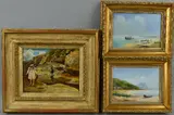 Fishing boats at low tide and companion study of figures walking on a deserted beach, castle ruins to the distance by Richard Rhead Simm, oil on board, sold Jun 2018