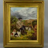 Waiting For Bob and The Poney' (sic), a gamekeeper seated with his shotgun and four spaniels by a wooden stile, figure on a grey pony to the distance by Sylvester Martin, 1904, oil on canvas, sold Jun 2018