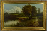 figures on a track beside a river, cattle watering and sheep in a pasture beyond by William P. Cartwright, oil, sold Jun 2018