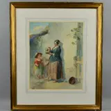 The Bird Cage, country family of mother and two young children looking at their pet by Paul Falconer Poole, watercolour, sold Jun 2018