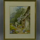 'Little Eaton Cottages', cat seated with a dish outside a white by Harold Gresley, watercolour, sold Jun 2018