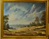 LANDSCAPE WITH SHEEP GRAZING NEAR A WATERS EDGE, church steeple to the distance by Alan Wolford, 2000, oil on canvas, sold Jun 2018