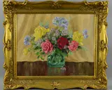 Still life vase of roses and other summer flowers by Reginald Johnson, oil on board, sold Jun 2018