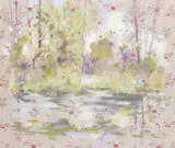 Heron Water Titled on stretcher verso Oil on Kate Foreman fabric by Paul Treasure, Oil on Kate Foreman fabric, unframed, offered Jun 2017