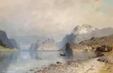 View of a Norwegian fjord with a village on the shore Signed Oil on canvas 70 x 104cm by Adelsteen Normann, Oil on canvas, sold Jun 2017