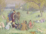 Bank holiday by Henry Lamb, Oil on board, sold Jun 2017