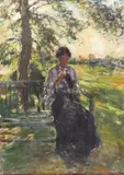 Sundown in Algeria Signed Oil on canvas 41 x 29cm Condition report: Relined, some retouching around face, head and small area on skirt visible under u.v by Mark Fisher, Oil on canvas, sold Jun 2017