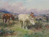 Gypsy caravan and horses on a sunny heath Signed Oil on by Lucy Kemp-Welch, Oil on canvas, sold Jun 2017