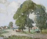 A summer rural scene with harvesters near a village Signed Oil on canvas 51 x 61cm Condition report: Unlined, one or two minor blemishes, good condition by William Lee Hankey, Oil on canvas, sold Jun 2017