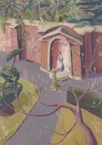 A walled garden with a statue in a niche and a sundial Signed Oil on by Priscilla Hanbury, Oil on canvas board, sold Jun 2017