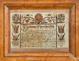 fraktur birth certificate for Johann Frederick Schumacher by Brothers Valley Artist, ink and watercolor, sold Oct 2020