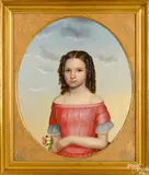 folk portrait of a young girl holding a flower by Joseph Goodhue Chandler, oil on canvas, sold Oct 2020