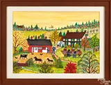farmscene with quilting party by Hattie Klapp Brunner, watercolor and gouache, sold Oct 2020