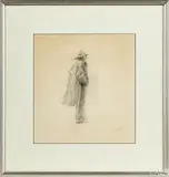 sketch of a gentleman in rain jacket by George Frolic Weymouth, pencil, sold Oct 2020