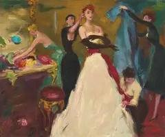 The Fitting by Rudolf Kriesch, 1953, oil on canvas (unstretched), sold Jul 2021