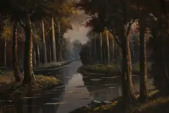Forest Lake Reflections by Claudio Simonetti, oil on canvas (unstretched), sold Jul 2021