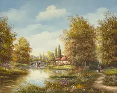 Le Pont by Robert Mogisse, oil on canvas (unstretched), sold Jul 2021