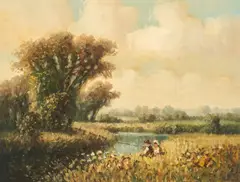 Children Fishing by Laszlo Ritter, oil on canvas (unstretched), sold Jul 2021