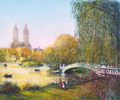 New York Central Park the Lake in Autumn by Guy Dessapt, oil on canvas (unstretched), sold Jul 2021