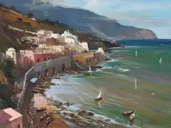 Coastal Town by Claudio Simonetti, oil on canvas (unstretched), sold Jul 2021