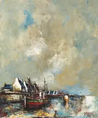 Seaport by Manuel Monton Bunuel, oil on canvas (unstretched), sold Jul 2021