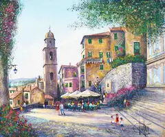 Cervo Piazza by Guy Dessapt, oil on canvas (unstretched), sold Jul 2021