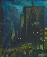 Winter Evening Fifth Avenue by Ernest Fiene, 1952, oil on canvas, sold Jul 2021