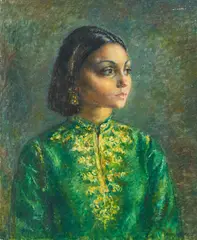 Untitled (Girl in Green Dress) by Clara Klinghoffer, 1965, oil on canvas, sold Jul 2021
